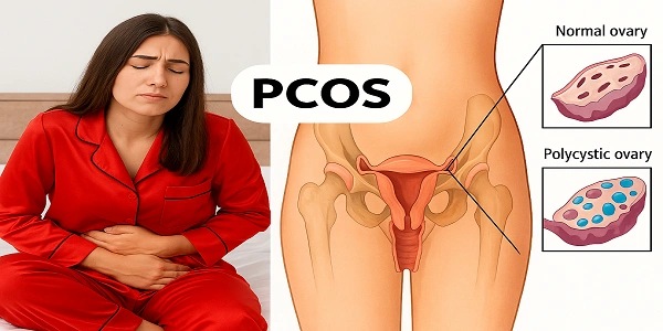 Alt text: Woman with PCOS symptoms and medical diagram of polycystic ovary